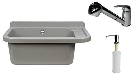 VBChome Lavabo 50 cm x 34 cm x 21 cm avec trop-plein, pour salle de bain, jardin, distributeur de savon, robinet, granit d'écoulement