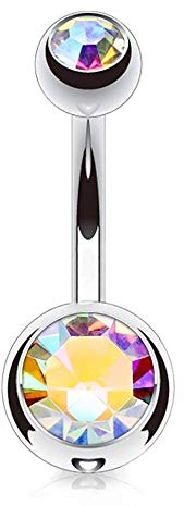 viva-adorno 1 Stück Bauchnabel Piercing Banane Titan G23 Bananabell Doppel Kristall Kugeln Zirkonia Z323, Rainbow 1,6 x 8 x 4+6