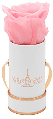 PARIS EN ROSE Rosenbox | mit einer rosa Infinity Rose Größe XL | ewige Rose | runde Box Weiß-Rosegold | 3 Jahre haltbar | Grußkarte