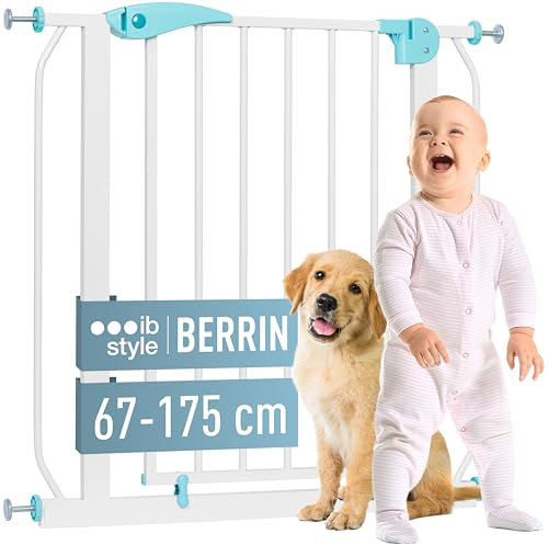 ib style Türschutzgitter Berrin 67-175, Treppengitter für Babys, Treppenschutzgitter ohne Bohren, Türgitter zum Klemmen, Schutz für Kinder, Weiß Türkis, 125-135 cm