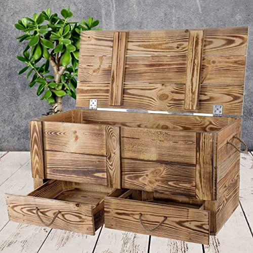 Truhenking XXL Holztruhe geflammt mit 2 Schubladen und Kordel 85 x 39 x 40 cm Aufbewahrungstruhe