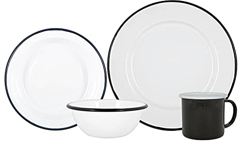 Argon Tableware Coloured Dinnerware Set - 16-Piece - Black Dinner Set Lightweight Camping Dinner Plates, Pasta Bowls, Coffee Mugs and Side Plates Dining Set