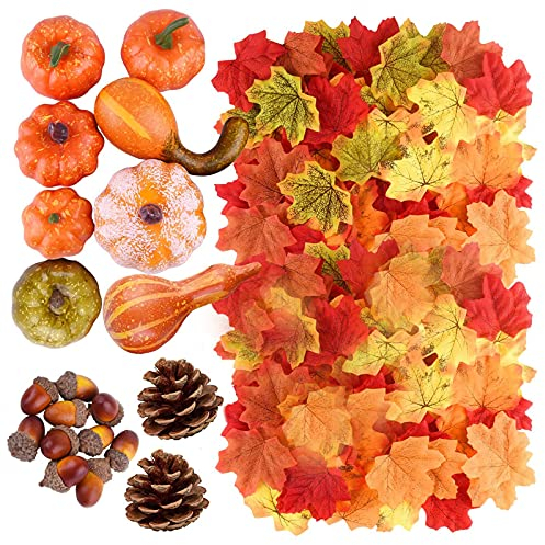 100 Pcs Otoño Acción de Gracias Decoraciones Artificiales Calabazas de Cosecha Calabazas Decoracion Otoño Hoja de Arce cono de Pino Calabaza Artificial para la Cosecha de Otoño Decoración de Mesa