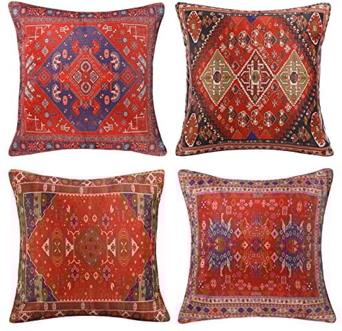 Kissenbezug Sofakissen 40x40 Böhmischen Ethno Rot Retro Türkischer Teppiche Muster Kissenhülle Dekokissen Couchkissen Kopfkissenbezug Kissenbezüge für Sofa Büro Couch Schlafzimmer Wohnzimme 4er Set