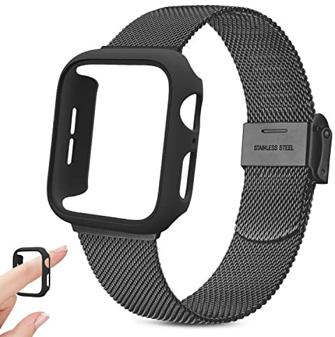 Yisica Cinturino per Apple Watch 40mm 44mm, Custodia Rigida Protettivo Cover, Cinturini in Acciaio Inossidabile Maglia Metallo Milanese per iWatch SE/6/5/4 (Nero & Cinturino Nero)