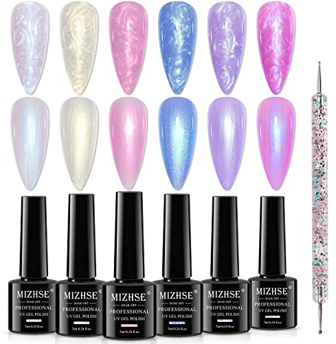 MIZHSE Pearl Gel Nail Polish - 6 Colors Shimmer Pearlescent Shell Glitter White Pink Blue Nail Polish Soak Off UV Lamp