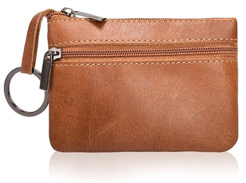 Mini Porte-Monnaie,Petit Porte-Monnaie Cuir Véritable Pratique Porte-Monnaie Porte-Cartes Porte-Monnaie en Cuir Véritable avec Porte-Clés pour Femme Homme Enfant (Marron Clair, 10.5 * 7.5 * 0.6 cm)