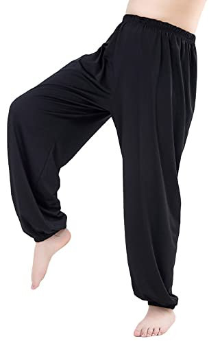Libaobaoyo Unisex-Kung-Fu-Hose, weit, dehnbar, elastische Taille, Taichi-Kampfsport-Trainingshose für Jungen und Mädchen, Schwarz, 12-13 Jahre