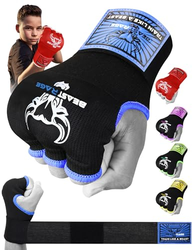 BEAST RAGE Gants de Boxe en Gel MMA de 75 cm de Long, rembourrés, élastiques, pour Sac de Frappe, entraînement Muay Thai, Bandages UFC pour Hommes, Femmes et Enfants (Enfants Junior, Bleu)