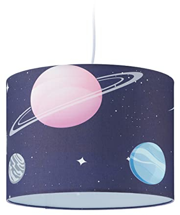 Relaxdays Hängelampe Kinderzimmer, Lampenschirm mit Planeten, H x D: 140 x 35 cm, E27, Pendelleuchte für Kinder, bunt