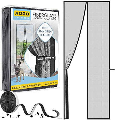 AUGO Fiberglass Magnetic Fly Screen Door - Self Sealing, Heavy Duty, Hands Free Mesh Net Partition Keeps Bugs Out - Pet and Kid Friendly - Patent Pending Keep Open Feature - 97 x 247cm