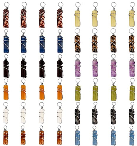 COGCHARGER 48 Pieces Cylinder Mixed Stone Pendant Charm Natural Gemstone Charm with Brass Wire Wrapped for Jewellery Necklace Earring Making Crafts