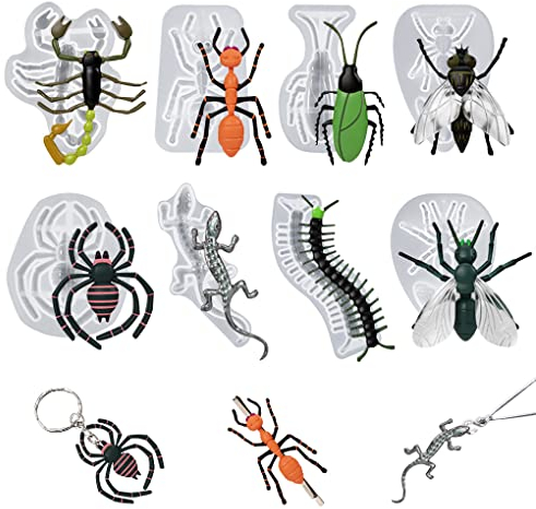 FineInno 8 Piezas Moldes de Resina Insectos Animales Insect Resin Molds Moldes Silicona Lagartos Arañas Decoración de Tartas Moldes Fundición Colgante Joyería
