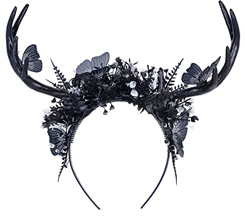 MOSTORY Handgefertigtes schwarzes Hirschgeweih-Stirnband Gothic-Rentierhörner Elfen-Haarband dunkler Schmetterlings-Kopfschmuck für Frauen Mädchen Halloween Renaissance Cosplay Hochzeit Schwarz