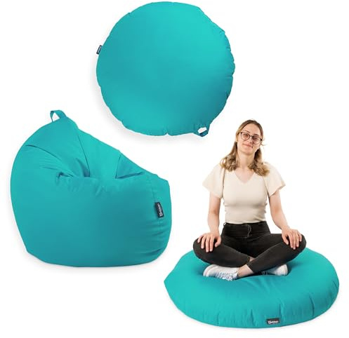 BuBiBag Premium 2-in-1 Sitzsack mit Füllung für Kinder & Erwachsene | Outdoor & Indoor | Sitzkissen Bodenkissen | Spielen & Entspannen | Wasser- und schmutzabweisend (Türkis, 100 cm)