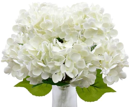 YELIKIT Hortensias de Seda Blanca, Flores Artificiales de Tacto Realista, Ramo para Boda, Decoración de Jardín, Fiesta, Oficina, 5 Unidades