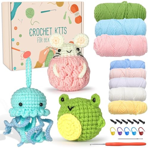 Jodimitty Häkelset Tiere Häkeln für Anfänger Erwachsene 3 Stück (Quallen & Hamster & Frosch) All-in-One Häckeltierchen Set Crochet Set mit Anleitung, Häkelzubehör DIY Bastelgeschenke