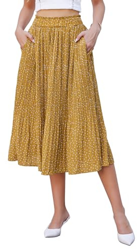 Hotouch Damen Sommerrock Gelb Chiffon Rock Elastische Taille Plisseerock Elegant Polka Dot Midirock Sommer mit Taschen Größe M