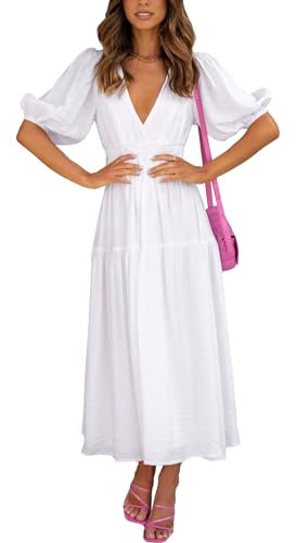 Woolicity Womens Summer Maxi Dress Wrap V Neck Short Sleeve Beach Flowy Long Dresses White S