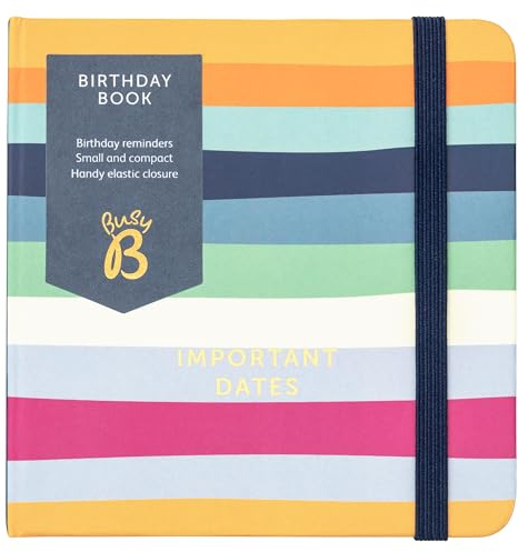 Busy B Birthday Book – Multicoloured Stripe Cover – All your Loved Ones Birthdays in One Place – Compact & Discreet Design with Monthly Index & Elastic Closure Band