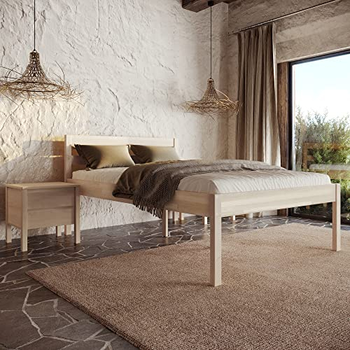 Hansales Seniorenbett 140x200 cm Triin Holzbett mit Kofpteil, Bettgestell ohne Rollrost, Doppelbett aus massivem FSC® Birkenholz, Bettrahmen belastbar bis 350kg mit klarem Öl beschichtet