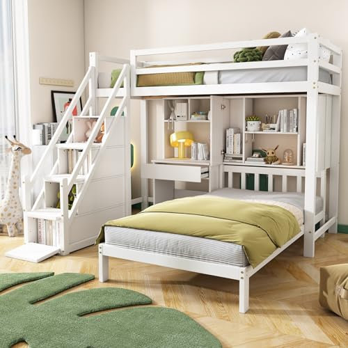 Skcess Etagenbett, Doppelbett, Multifunktionales Kinderbett, Stauraumfunktion, Mit Schreibtisch Und Regale, Mit Lattenrost, Weiß, 90X200