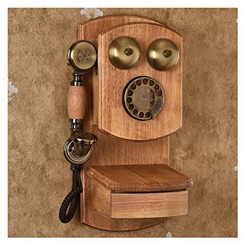 NOALED Festnetztelefon im Retro-Stil aus Holz, an der Wand montiert, altmodische mechanische Klingel mit Wählscheibe, antikes Telefon zum Auflegen