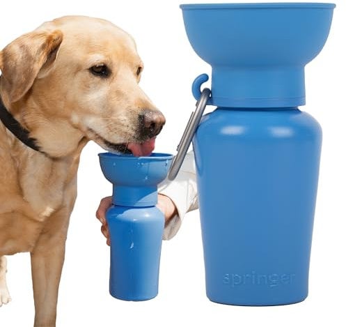 Springer Flip Portable Dog Water Bottle with Foldable Food Grade Silicone Bowl - 20 Ounce Travel Dog Water Bottle Ideal for Camping - Easy Squeeze Hydration & Release to Drain