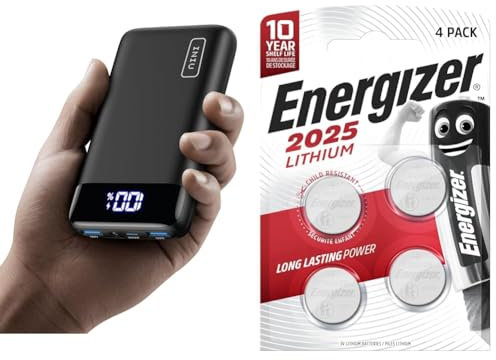 INIU Power Bank, 20000mAh Fast Charging Portable Charger, 22.5W Powerbank with USB C Input & Output & Energizer CR2025 Batteries, Lithium Coin, 4 Pack