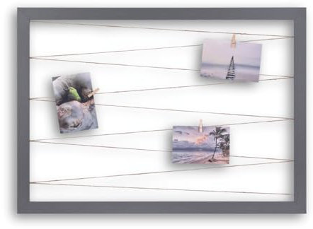 CLAMARO 'Collage Line' Fotohalter 85x65 cm | Stahlgrau | Querformat Bilderrahmen mit Fotoleine aus Juteband und Holzklammern | Ideal als Fotocollage Galerie, Fotowand oder Fotorahmen