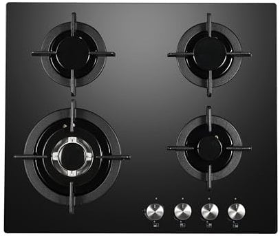 Cookology GGH606BK Gas Hob on Glass - 60cm Built-in 4 Burners - Powerful Wok Burner and Cast Iron Pan Supports - Auto Igniton - In Black