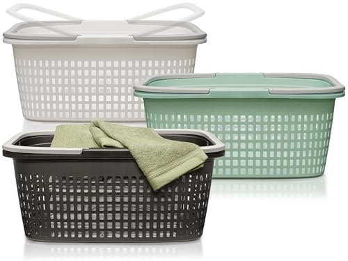 Hausfelder Wäschekorb 58x37x25cm – Wäschekörbe 3er Set - Stabil & Stapelbar - Wäschesammler mit Henkeln & Griffen 35 l (Farbmix, 3 Körbe)