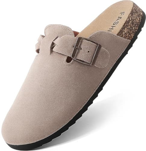 DDXYYDS Women's Suede Clogs Mens Leather Mules Comfort Cork Footbed Sandals with Arch Support and Adjustable Buckle Beige