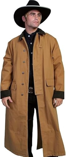 RUAZUA Men's western gunfighter cowboy old Vest mens black denim Cotton long coat duster Full Length Jackets, Brown Cowboy Duster Coat, XXL