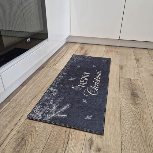 Mazovia Teppich - Schwarz Weihnachtsteppich - Weihnachten Teppichmatte für Küche, Korridor, Diele - Maschinenwaschbar - Wasserdicht - Glamour Weihnachten Teppich Läufer - Schwarz - 50 x 140 cm