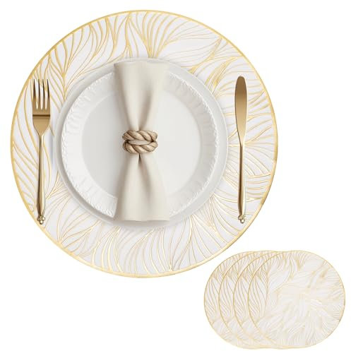 Tischsets 4er Set Platzsets Rund PVC Abwaschbar Hitzebeständige 38cm Blattmuste Platzdeckchen rutschfest Tischmatte Set für Party Hochzeit Restaurant Weihnachtstag (Weiß)