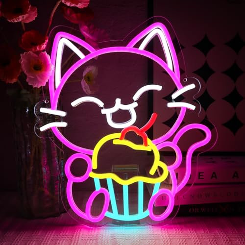 OYCGZV Cake Cat Neon Light Sign - Cupcake Cat Neon Sign for Wall Decor Animal Neon Wall Light USB Led Sign for Bakeries Home Kitchen Restaurant Coffee Bakery Shop Bar Food Stores