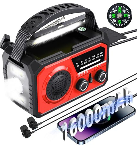Radio Solare da 16000 mAh, AM/FM radio Portatile di Emergenza, Radio a Pile con Batteria ricaricabile da 59200 mWh, Torcia a LED, Allarme SOS e manovella Dynamo per campeggio, viaggi (Rosso)