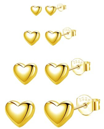 Hinvan Pack de 4 Pares Pendientes Corazon Oro, Corazón Pendientes Mujer Oro Niña Pequeños Dorados Aretes de Mujer 4/5/6/7MM