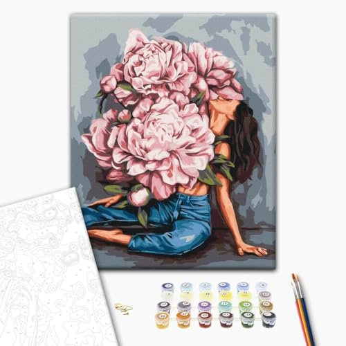 Brushme Peinture Par Numéros – 40x50 cm, Aquarelle Tourbillon de Pivoine, Créez une Peinture Romantique et Apaisante, Kit DIY pour Adultes avec Cadre