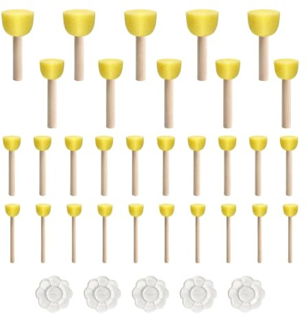 APOMOONS 30 stycken svampborstar med 5 blandpaletter 8,5 cm, målsvampstämplar, skumborstset, rund målningssvamp, svampborste för gör-det-själv-målning, hantverk, keramik, 4 storlekar