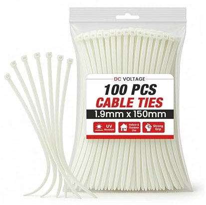 DC VOLTAGE White 150mm x 1.9mm Thin Cable Ties Heavy Duty 100 Pcs NylonTies, 8 Ultra Strong 10kg / 22lbs Tensile Strength, UV Resistant Plastic Zip Ties Small Tie Wraps for Outdoor Use