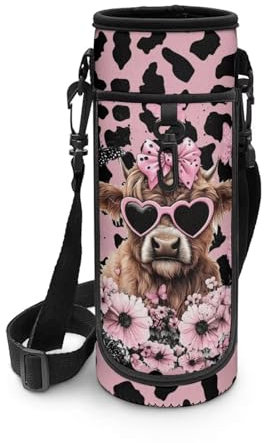 POLERO Highland Cow Water Bottle Holder for Girls Cute Floral Water Bottle Carrier with Shoulder Strap