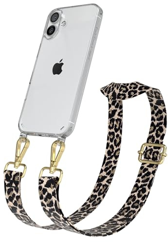 EAZY CASE Handykette - Verstellbares Taschenband kompatibel mit iPhone 16 Plus, Schulterriemen, Handykordel mit Silikon Hülle, Umhängetasche, Leo - Schwarz Beige Gold
