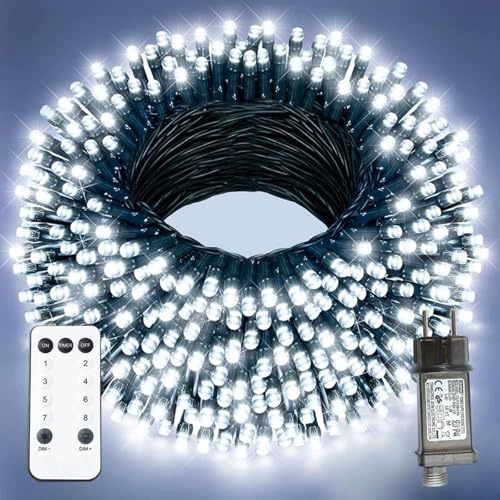 XmasBokeh LED Lichterkette, 20m 200 LED, Kaltweiß, Grünes Kabel | Lichterkette außen mit Stecker und Fernbedienung; Weihnachtsbaumbeleuchtung mit Timer und 8 Leuchtmodi für Garten und Balkon