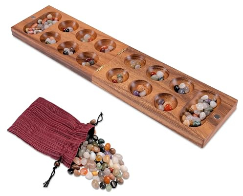 LOGOPLAY Kalaha Spiel mit Magnetverschluss für 2 Spieler - Spielfeld 14 x 49 cm - Hus - Bao - mit Edelsteinen