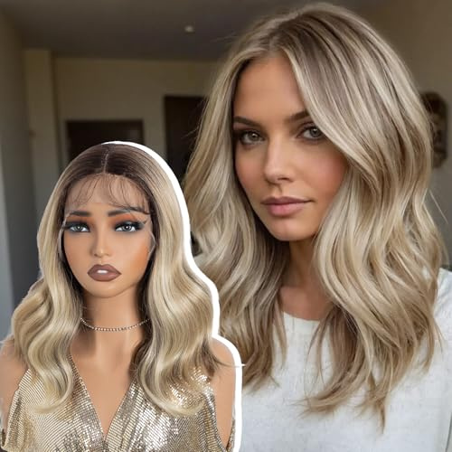 NOBLE Honigblonde Perücke 35cm Spitzenfront - Mittelscheitel, Natürliche Wellen mit Baby Hair