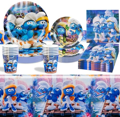 Wirhaut 51Stück Smurfs Partygeschirr Set, Smurfs Geburtstagsdeko Set,Geburtstag Partygeschirr Supplies mit Pappteller, Tasse, Tischdecke, Servietten für 10 Gäste