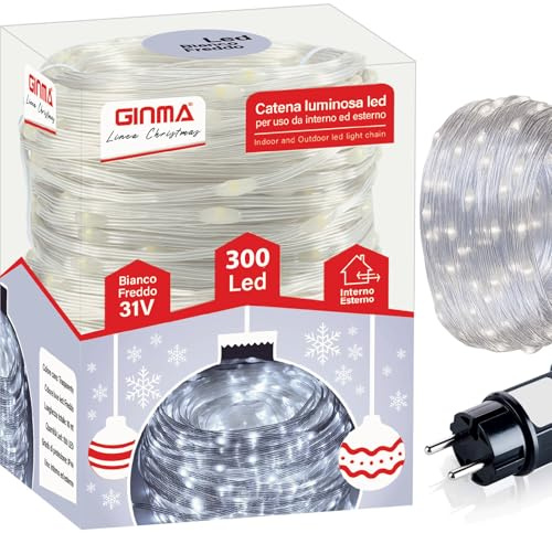 GINMA - Luci Natale LED Interno e Esterno con 8 Effetti Luce, Certificate IP44, Basso Consumo e Impermeabili - Cavo Trasparente (Bianco Freddo, 21 Metri (300 LED))