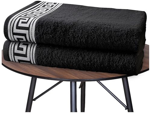 GC GAVENO CAVAILIA Luxury Egyptian Cotton Bath Towels | 4x Pack Large 500 GSM Towels | Greek Key Bathroom Towel Set Quick Drying & Super Absorbent - 70x120 Cm - Black